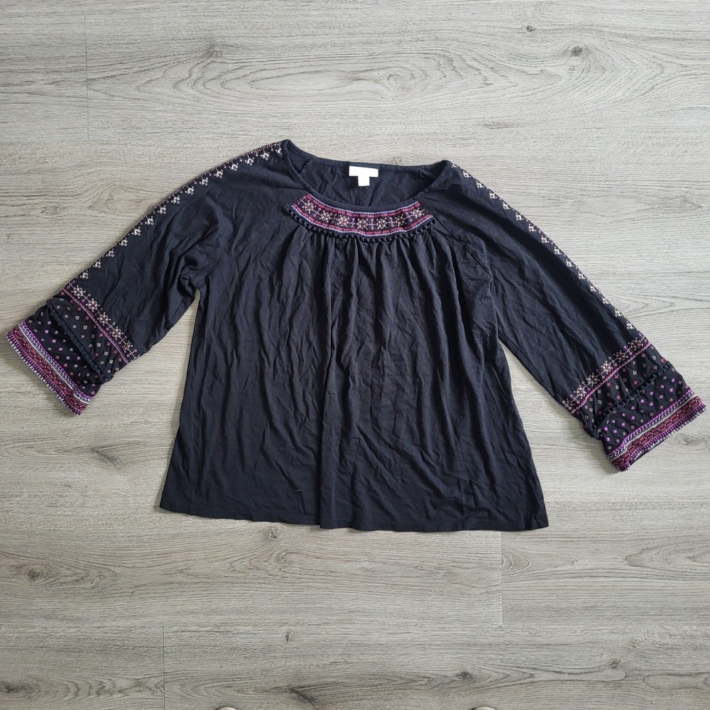 J. Jill Black Embroidered Peasant Top 3/4 Sleeve Cotton Modal Blouse Petite L